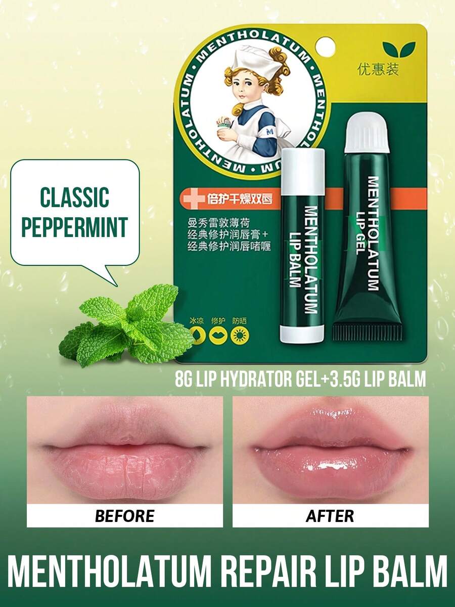 Mentholatum 曼秀雷敦修护保湿润唇膏+唇胶，8克唇胶+3.5克润唇膏，SPF15经典薄荷味，修护、深层补水、软化角质层、淡化细纹、抗氧化保护、即刻提亮、持久滋养、保湿、柔滑妆前乳，适合通勤、圣诞礼物、冬季急救、全年多效润唇膏 - 8g潤唇啫咖哩+3.5g唇膏(薄荷) - 查看 1