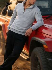 Men's Outdoor Casual Stand Collar Half Zip Long Sleeve T-Shirt, Solid Color Minimalist Design, Comfortable Breathable Outdoor, Camping, Sports, Versatile T-Shirt