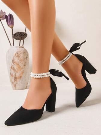 Ladies 2026 Four Seasons New Style English Style Pointed Toe Low Vamp Thick Heel Pearl Decoration One Button Strap High Heel Shoes Fashion Versatile Outer Wear Street Party Date Wedding Fashion Show High Heel Women's Shoes Pink Apricot Black Optional