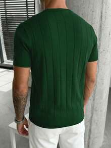 GRDR Men's Loose Thin Ribbed Crew Neck Knit Short Sleeve Sweater, Summer - Olive Green - View 2