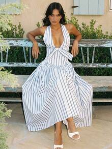 Sexy V-Necked Halter-Necked Backless Blue Striped Dress With A Butterfly Knot, Women's Fitted Long Vestidos - 藍色 - 查看 2