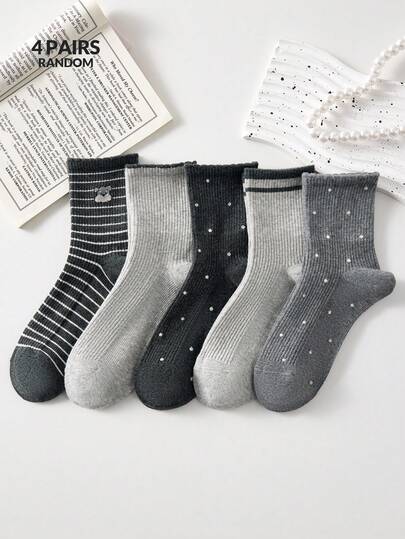 4 Pairs Women's Cute Striped, Polka Dot, Solid Color Crew Socks/Ankle Socks/Short Socks, Minimalist & Versatile, Suitable For Daily Wear, Random Colors, All Seasons