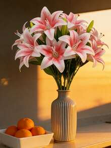 5pcs/3pcs/1pc (Pink&White) 26.97" Artificial Lily Flowers, Long Stem Artificial Stargazer Lilies With Full Bloom Lily & Tiger Bouquets For Home, Hotel, Wedding Decor, Bridal Backdrop, Bouquets, For Proposal, Valentine's Day, Halloween & Christmas, - Multicolor - View 8