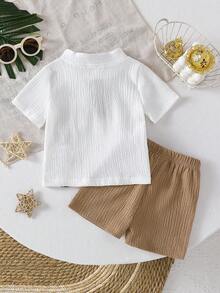 Toddler Boys' Fashion New White Applique Embroidery Top And Solid Brown Shorts, Summer - White - View 2