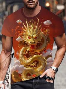 Men's Full-Body 3D Dragon Print T-Shirt - Chinese Dragon Design With Red, Golden & Suitable For Chinese Events, Casual Wear, Round Neck Short Sleeve Tee, Machine Washable Dragon T-Shirt, PLUS SIZE - 混合色 - 查看 4