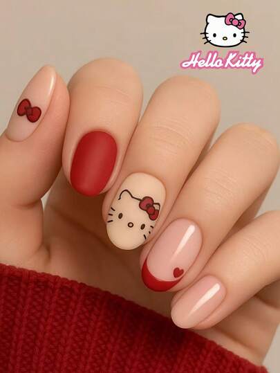  Sanrio Hello Kitty 24pcs Y2K Short Oval 3d Pointed Matte Red French Tip Press On Short Nails With Hello Kitty, Heart And Bow Pattern Design,Sweet Valentine's Day Design,Pink Girl Style, Perfect Fit Acrylic False Nails Set, Including 1 Jelly Gule And 1 Nail File, Hello Kitty Nails For Women Girls Daily Party And Gathering Use Nail Supplies