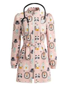 cimmuovere Women's Long Sleeve Puff Sleeve Long Open Front Collar Waist Tie Cute Print Scrubs Nurse Scrubs Workwear Dentist Healthcare Pet Hospital Laboratory Jacket Spring - Dusty Pink - View 10