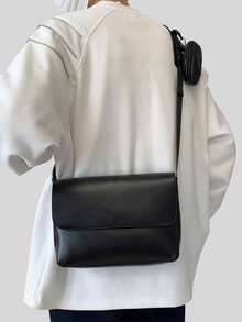 简约时尚零钱包男士休闲斜挎包，PU皮革复古邮差包，适合通勤、旅行、购物、商务出行 - 黑色 - 查看 3