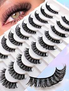 10 Pairs D Curl Russian Style False Eyelashes, Cat Eye Effect, Natural Fluffy Faux Mink Lashes, Thick & Long, Create Charming Lifted Eye Makeup - Black - View 2