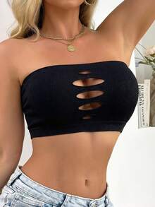 Black Hollow Front Bandeau Bra, Strapless Bandeau Top, Women Strapless Camisole - Black - View 3