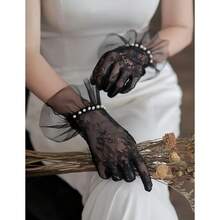 Short Lace Mesh Gloves Tulle Border With Pearls Wedding Opera Tea Party Gloves For Women Formal,OneSize,Black - Black - 查看 5