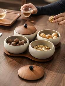 1件复古中式木质陶瓷盖碗，日式复古分隔式零食干果托盘，简约餐盘，适用于客厅、茶几、餐厅、咖啡馆、节日、聚会等场合 - 彩色 - 查看 4