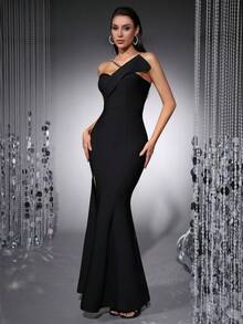 女士性感吊带高开衩露背绷带紧身连衣裙，优雅鱼尾裙摆设计，明星T台风格，女士派对礼服、晚礼服、圣诞礼服、新年礼服 - 黑色 - 查看 6