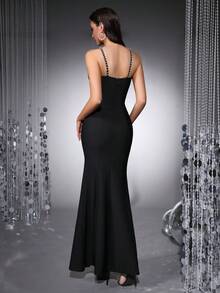 女士性感吊带高开衩露背绷带紧身连衣裙，优雅鱼尾裙摆设计，明星T台风格，女士派对礼服、晚礼服、圣诞礼服、新年礼服 - 黑色 - 查看 2