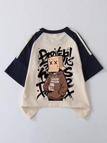This Black And Beige Short Sleeve T-Shirt Features A "Cardboard Head XX Eyes" Cartoon Graphic With Graffiti Background Text, Featuring A Raglan Sleeve Design, Suitable For Spring/Summer New Boys Clothing - Multicolor - View 3