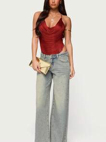 Top con cuello halter y espalda descubierta con flecos de unicolor para mujer, Top de estilo callejero de unicolor con flecos para mujer - Rojo - Ver 6