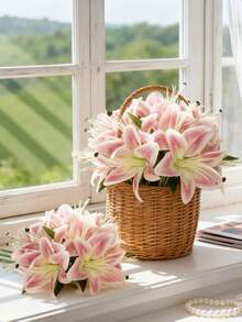 MEHELANY 12/1pc 34cm Artificial Pink Lily Flower, Silk Fake Flower For Home Decor, Wedding Bouquet, Birthday Party, Dining Table, Garden, Wedding Decoration, Bridal Bouquet, Silk Lily Flower - Pink - View 5