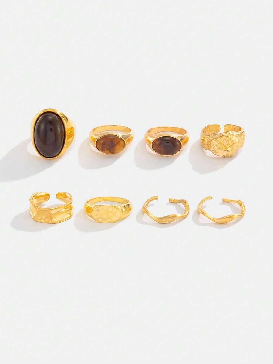 8件套奢华金属风格黄金宝石戒指套装，组合式开口叠戴戒指套装，独特设计学生配饰 - 彩色 - 查看 1