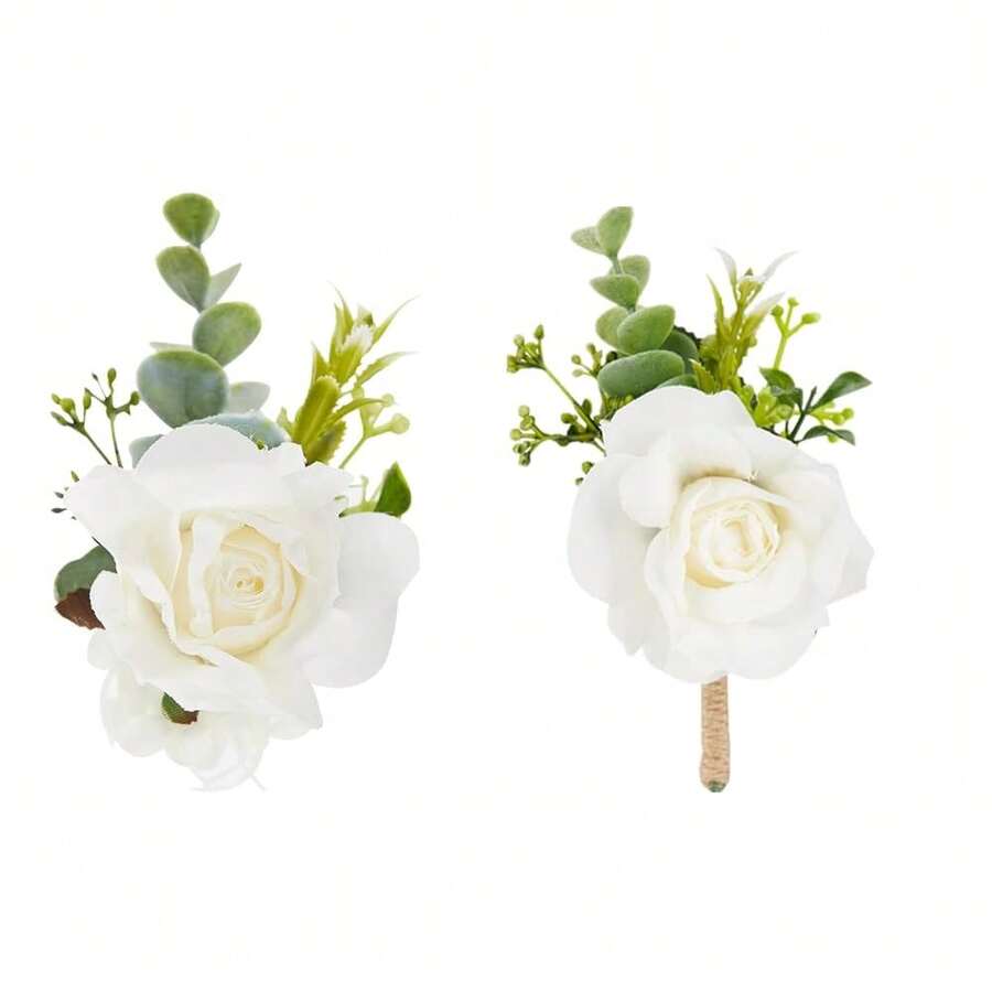 Meldel White Corsage And Boutonniere Set, Ivory Boutonniere, Prom Flower Wrist Corsage Bracelets, Homecoming Corsage Wristlet, Men Boutonniere For Wedding Flowers Accessories Prom Suit Decorations,1Boutonniere&1WristCorsageWhite - 1枚胸花和1枚腕花(白色) - 查看 1