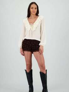 Shorts Mini con Volantes Múltiples de Encaje Marrón - Estilo Dulce y Retro para el Día a Día - Marrón - Ver 3