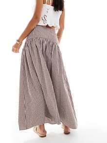 Falda De Mujer Retro Plaid Maxi Skirt A Line Pleated Flared Elastic High Waisted Gingham Summer Swing Long Skirt - 深棕 - 查看 3