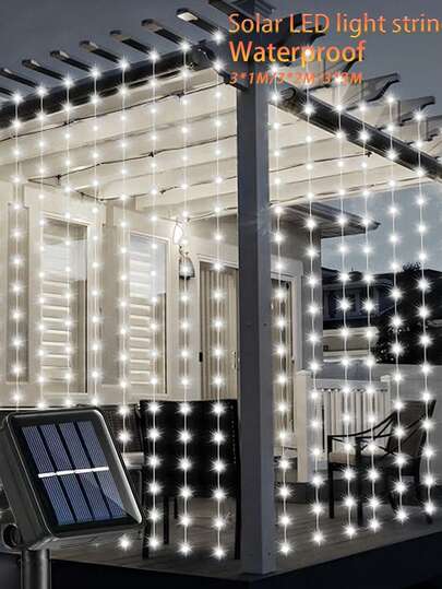 太阳能窗帘灯串，LED花环造型，8种灯光模式可调光，IP64防水，适用于户外墙面、花园、露台、派对、节日装饰、闪烁装饰、秋季装饰、家居装饰、户外装饰