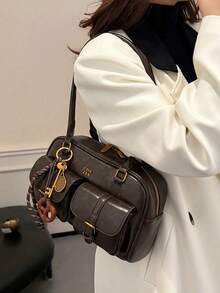 Bolso de hombro de mujer de unicolor retro de piel de PU, diseño deúltiples bolsillos, gran capacidad, con colgante decorativo desmontable, estilo vintage, bolso de oficina - Marrón - Ver 6