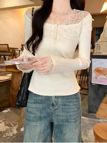 Lace Patchwork V-Neck Long Sleeve Top, 2026 Spring Women's New Pleated Waist Slimming Gentle Style Undershirt - Apricot - View 5