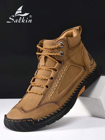 Salkin Klassiska handgjorda herrstövlar, snörning, halkfria, slitstarka motorcykelstövlar med tjock sula, herroxfordstövlar och derbystövlar, retrostil, prisvärd exklusiv känsla, enfärgad, lämplig för alla årstider, vardagskläder, gatumode, korta stövlar, herrstövlar, utomhussportskor, lämpliga för utomhusvandringskängor, klätterstövlar, jakt, vår, sommar, höst, vinter, plus size herrskor, högtidsgåva