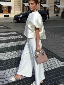 2026 Spring/Summer New Elegant Sexy Retro Casual Chic Office Satin Round Neck Puff Sleeve White Blouse, Suitable For Women's Valentine's Day, Music Concert, Street, Carnival, Cruise, Beach, Vacation, Holiday, Y2K Style - White - View 6