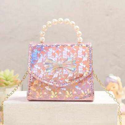 1pc Mini Girls Shiny Laser Bowknot Decor PU Material Flap Beaded Handbag, Children Casual Princess Crossbody Bag, Suitable For Holiday Gifts And Daily Use