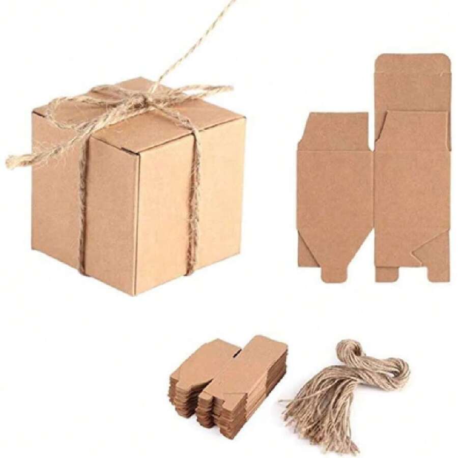 Caja de Papel Kraft, 50 Piezas Kraft Paper Pillow Candy Box, Cajas de Regalo de Papel, Caja de Regalo Cuadrada con cuerda de cáñamo, Cajas de Almohada Kraft, 5 x 5 x 5 cm,37414083 - Multicolor - Ver 1