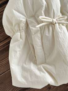 1pc Beige Drawstring Tie Children's Jacket, Casual Stand Collar Cotton Padded Coat, Girls Warm Outerwear For Autumn/Winter, Elastic Cuffs + Bow Tie Design - Champagne - View 6