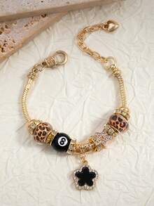 1pc Fashion Rhinestone Beaded Pendant Bracelet, Butterfly, 5-Petal Flower, Star, Cross Pendant Charm Bracelet For Girls - Golden - View 2