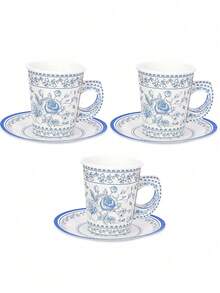 10pcs/40pcs Blue Floral Paper Tea Party Cup And Saucers Blue White Toile Teacups With Handle And Flower Botanical 5.5" Paper Plate For Tea Party Birthday Babe Bridal Shower Supplies - Multicolor - View 3