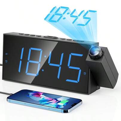 Digital Alarm Clock For Bedroom, Large LED Alarm Clock Projection On Ceiling Wall, 350Projector,Dimmer,USB Charger,Battery Backup Loud Dual Alarm Clock For Heavy Sleeper Kid Elderly