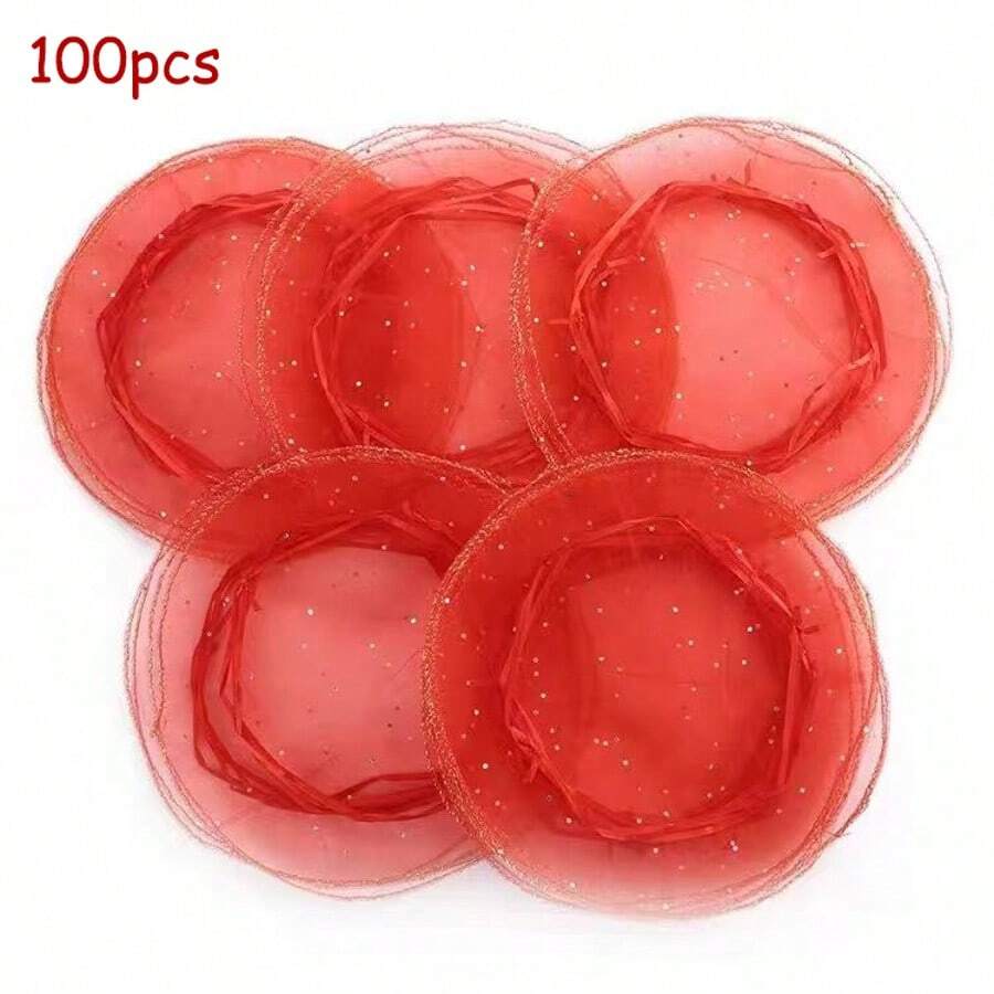 100 Stück große rote transparente Organza Geschenktüten, runde Organza Schmuck- und Süßigkeiten-Aufbewahrungstüten mit Kordelzug, 26cm Durchmesser, Weihnachts-, Hochzeits- und Party-Geschenkverpackungstüten (genug Platz für 1 Ei) - Verschiedenfarbig - Übersicht 1