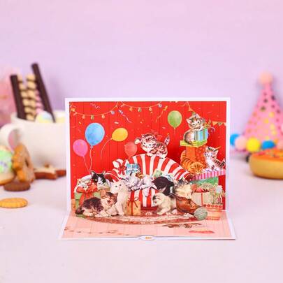 1 Pc Cat-Themed Pop-Up Greeting Card, Happy Birthday Card, Gift For Cat Lovers, Small Business Supplies, Handmade Paper-Cut Greeting Card, Party Giveaway, Party Gift Decoration, Party Supplies - Birthday Greeting Card With Message Card And Envelope Included