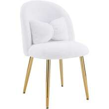Fluffy Girls Vanity Chair With Back & Pillow,Cute Small Cozy Desk Chair No Wheels,Comfy Makeup Ch With Ajustable Gold Legs,For Bedroom,Living Room,Small Space,White - Vải nhung trắng - Xem 9