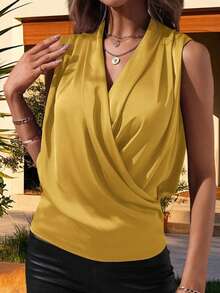 Women's Satin Tank Tops Solid Color Sleeveless Wrap V Neck Pleated Summer Shirts - Yellow - View 4