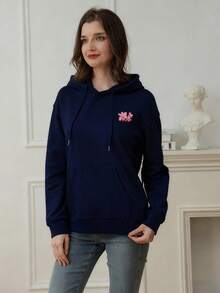 Women's Casual Graphic Print Loose Fit Thermal Lined Sweatshirt, Winter - Navy Blue - View 3