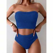 Women's Comfortable Beach Bikini - Bandeau High-Waist Set, Elastic Ruched Top (Blue & Black Options),Slim Fit Runs Small Recommend Order One Size Up, Tummy Control Waist Ruched Cinching, Swimwear For Beach Vacation & Pool Party - 藍色 - 查看 4