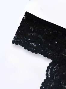 2 piezas Bragas de mujer sexy de encaje negro semitransparente con parches y decoración de perlas, tipo tanga - Negro - Ver 5