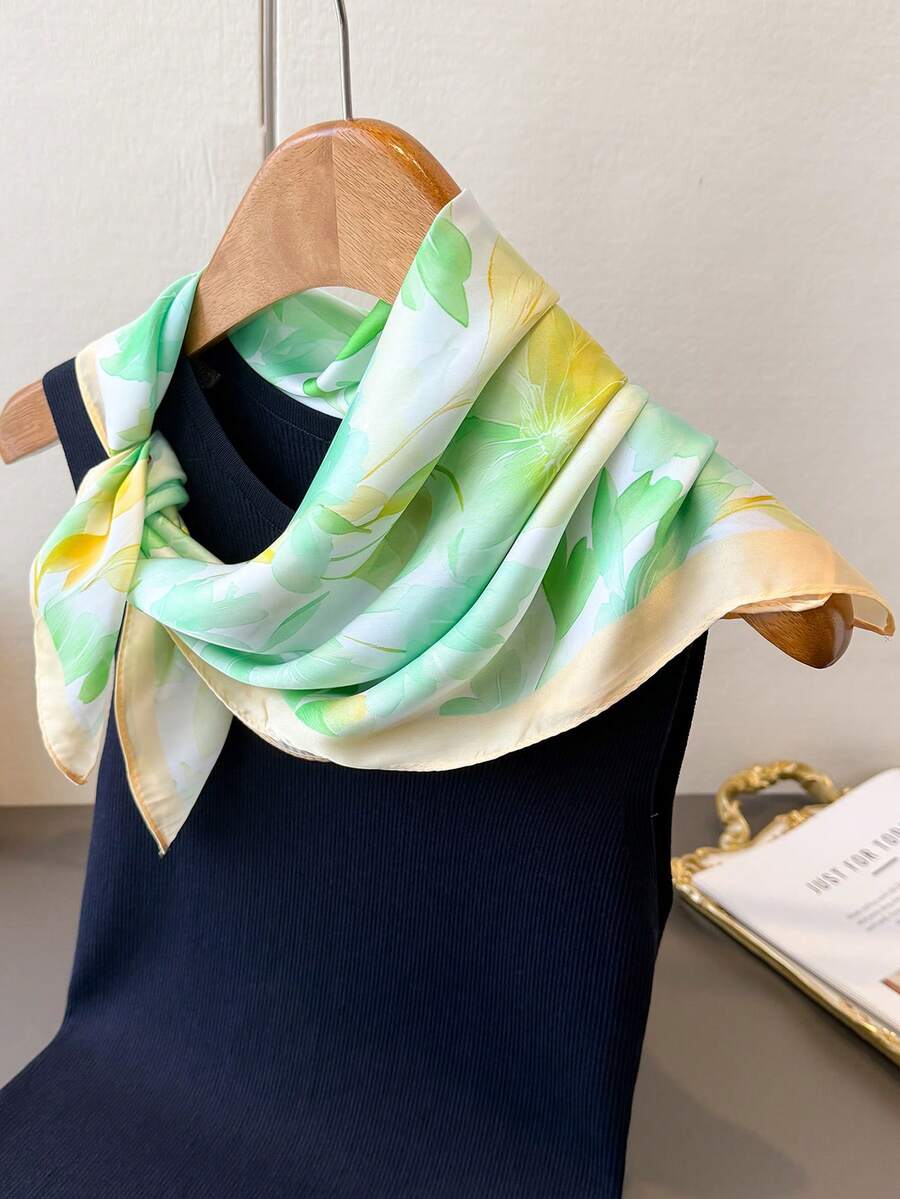 1pc Korean Style Floral Print Women's Faux Silk 68cm Square Scarf, Headband, Handbag Tie, Suitable For Beach, Street, Daily, Vacation, Business, Fashion Decoration Ribbon