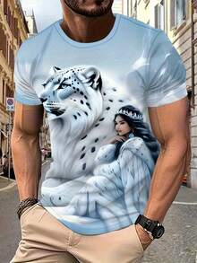 Men'S 3D Print T-Shirt - Majestic White Tiger & Crowned Woman Design, Light Blue Summer Casual Short Sleeve Top, Regular Fit, Machine Washable, Comfortable Fabric, Artistic Design, Smooth Texture, PLUS SIZE - 混合色 - 查看 3