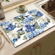 1 pieza Estera absorbente con estampado floral azul para cafetera, platos - Estera protectora absorbente de poliéster para encimera de cocina con respaldo de goma antideslizante, para decoración de cocina, bar en casa y mesa de comedor - Multicolor - Ver 8