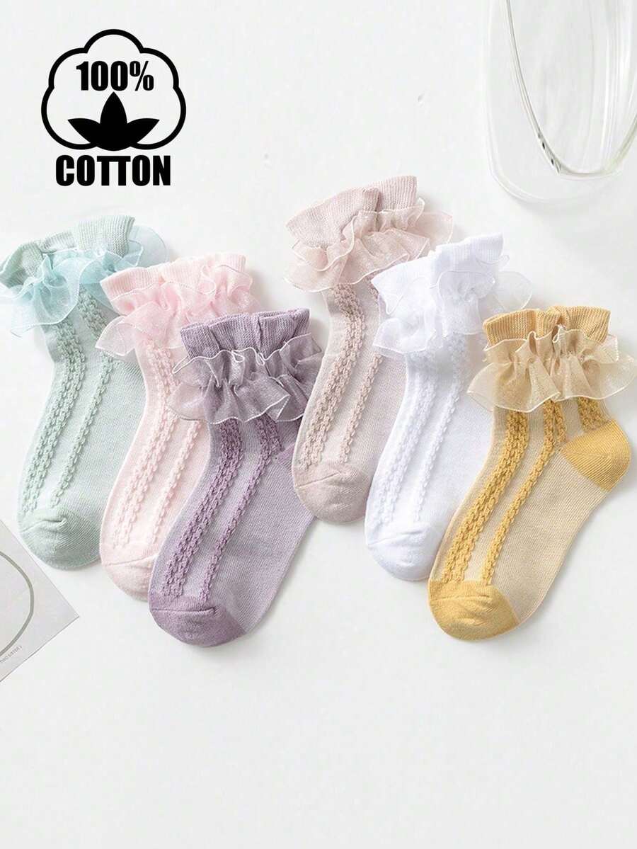 6 pares de calcetines de media caña de algodón de doble capa con unicolor y malla, con adorno de encaje para niños - Multicolor - Ver 1