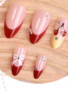 24片短款杏仁形美甲贴纸，欧美风红色樱桃蝴蝶结钻石美甲贴花，简约甜美，可重复使用，适合女性日常生活、旅行和度假。 - 彩色 - 查看 3