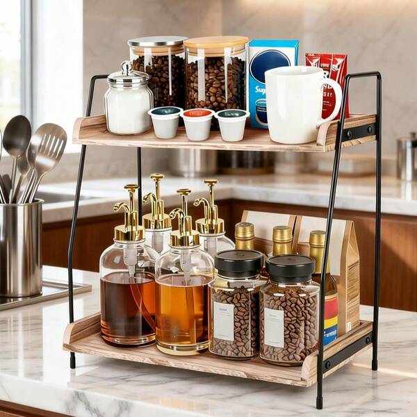 Coffee Bar Organizer For Countertop, 2-Tier Coffee Station Organizer With Metal Frame & Wooden Shelves, Accessories Rack For Pods, Syrups, Cups & Tea Bags