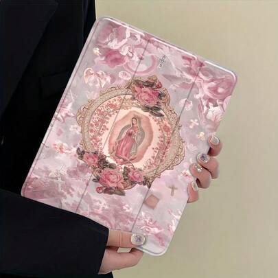 Our Lady Of Guadalupe Pink Pattern Christian Religious Tablet |   Synthetic Imitation Leather, Foldable, Adjustable Stand, Card Slot, Auto Sleep/Wake, Hybrid Type, Compatible With 10th Gen, 11th Gen, 9th Gen,, 4th Gen, 8th/7th/6th/5th Gen, Compatible With Pro Gen. Holiday Phone Accessories